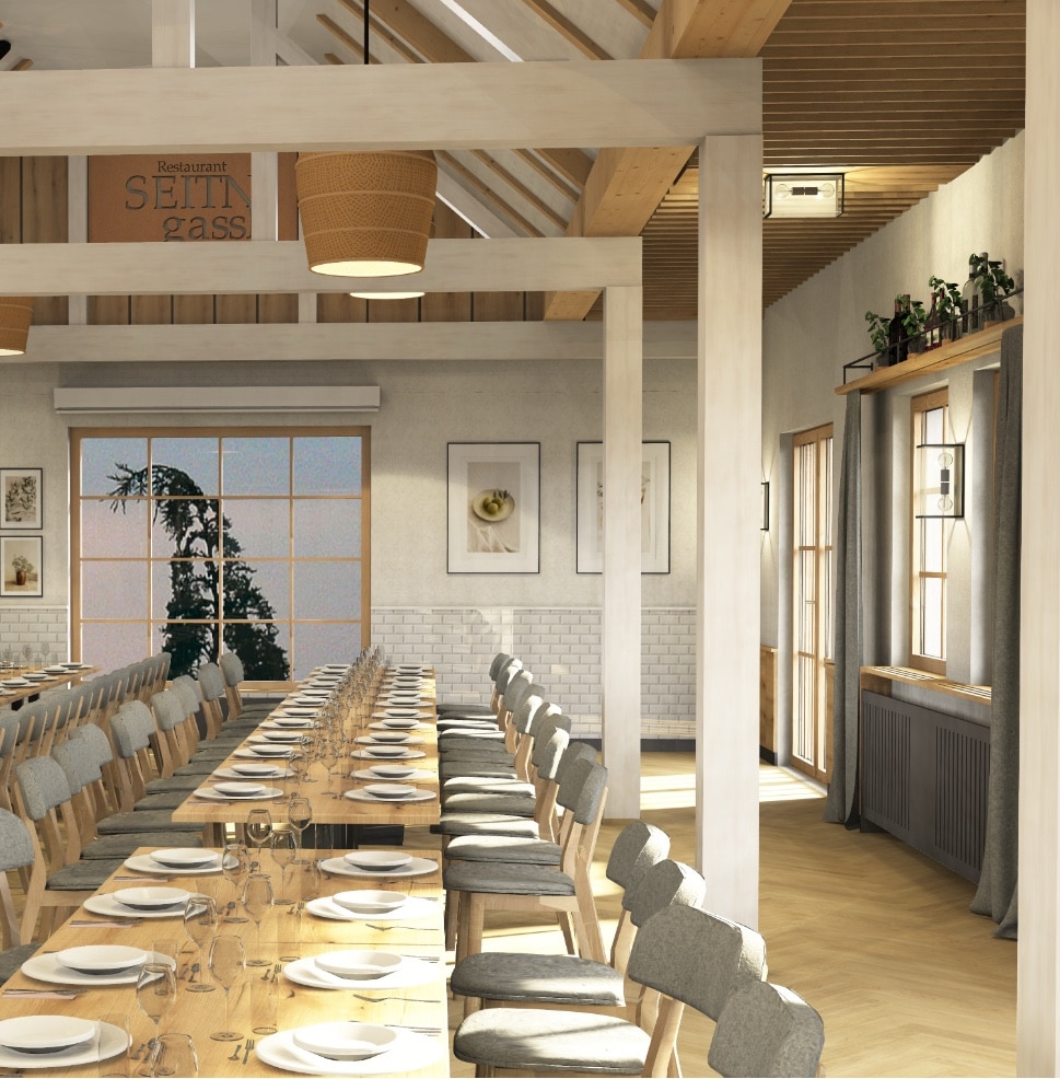 Elegante Hochzeitslocation mit langem Festtisch, stilvoll gedeckt, in heller, moderner Umgebung bei Tageslicht.