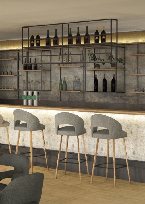 Elegante Hochzeitsbar mit grauen Hockern und stilvoller Beleuchtung, ideal für den Empfang in einer Hochzeitslocation.