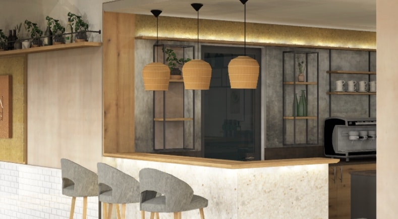 Moderne Hochzeitsempfangs-Bar mit stilvoller Beleuchtung und eleganter Deko, ideal als Hochzeitslocation für Traumhochzeiten.