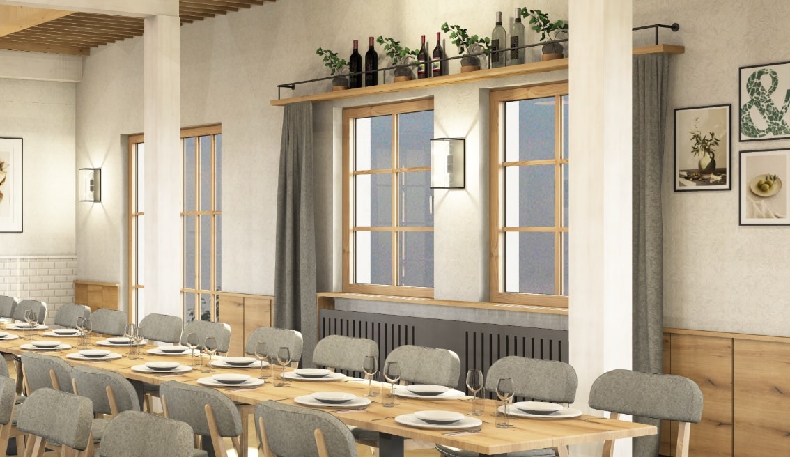 Elegante Hochzeitstafel in stilvoller Location mit Holzdetails und Pflanzen, ideal für den perfekten Hochzeitstraum.