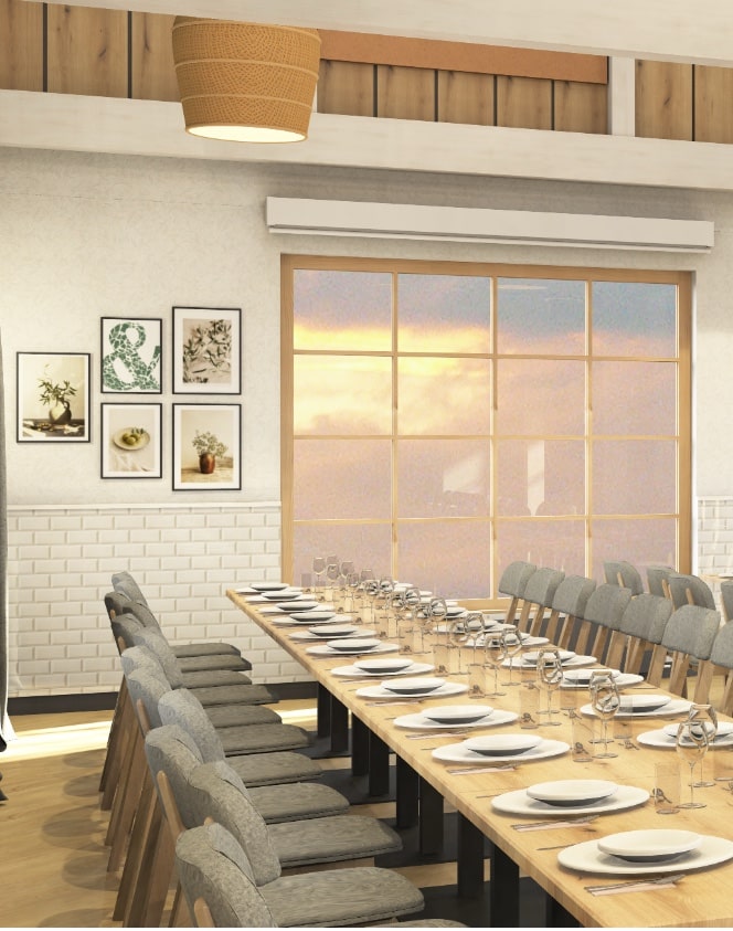 Elegantes Hochzeitszimmer mit langer, gedeckter Tafel vor einem großen Fenster und stilvoller Dekoration, ideal für Ihren Hochzeitstraum.