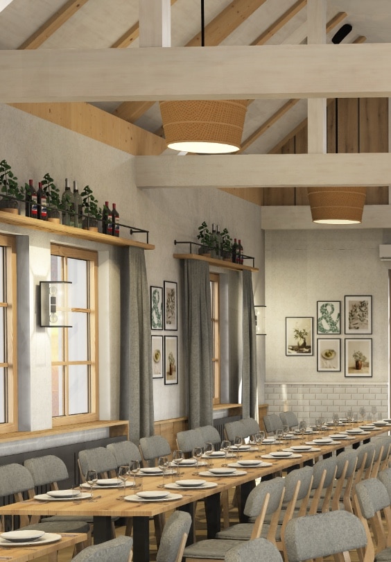 Elegante Hochzeitstafel in rustikalem Saal mit Holzdecke und stilvoller Dekoration, ideal für Hochzeitsfeiern.