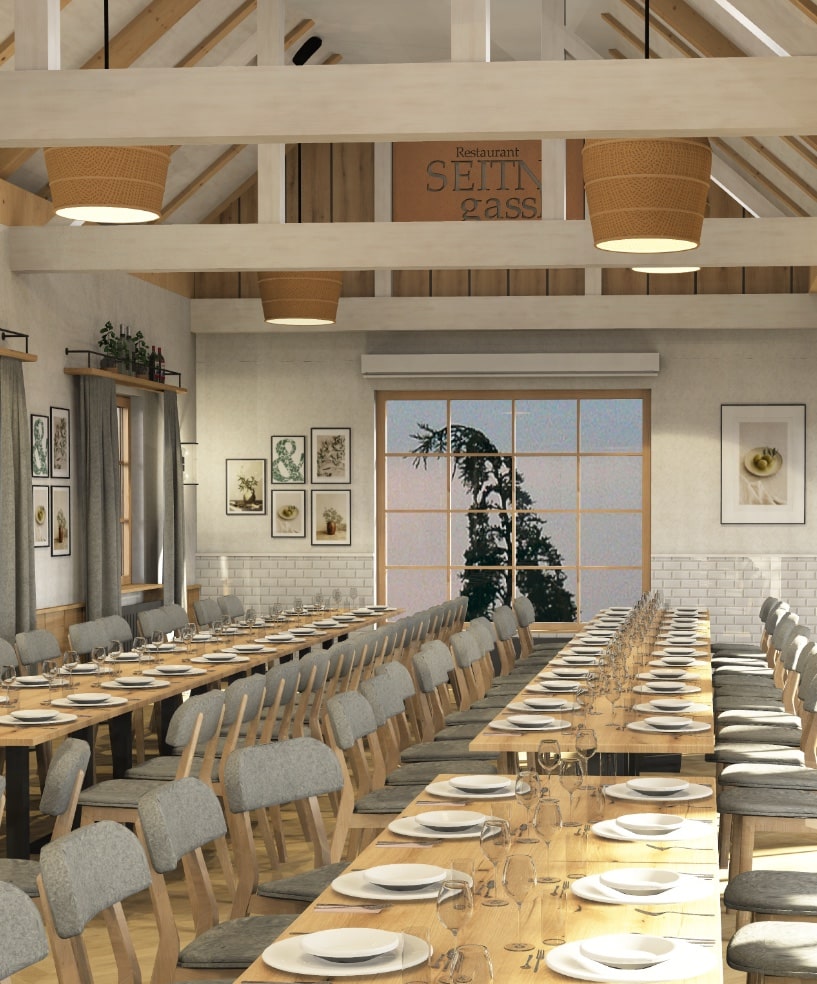 Elegante, festlich gedeckte Tische in einem hellen, stilvollen Raum, ideal für eine Traumhochzeit oder Hochzeitsfeier.