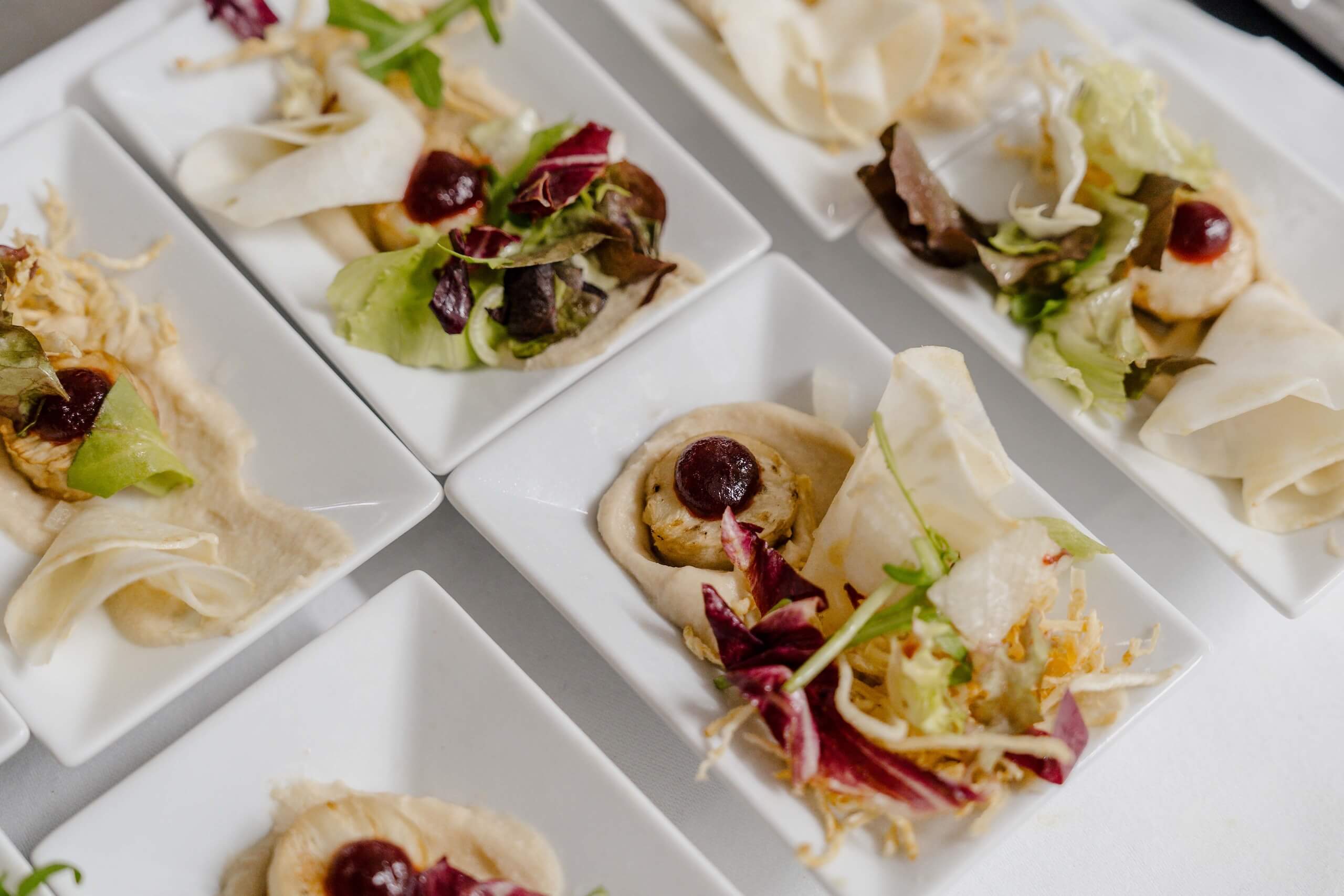 Elegante Hochzeitsvorspeisen auf weißen Tellern, kunstvoll angerichtet mit Saucen und frischen Salaten für die Trauung.